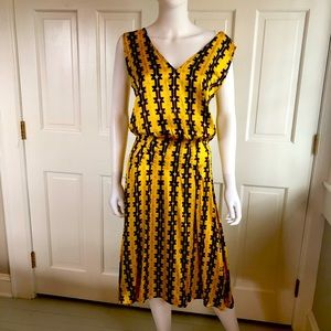 Geometric yellow and brown stretch satin dress